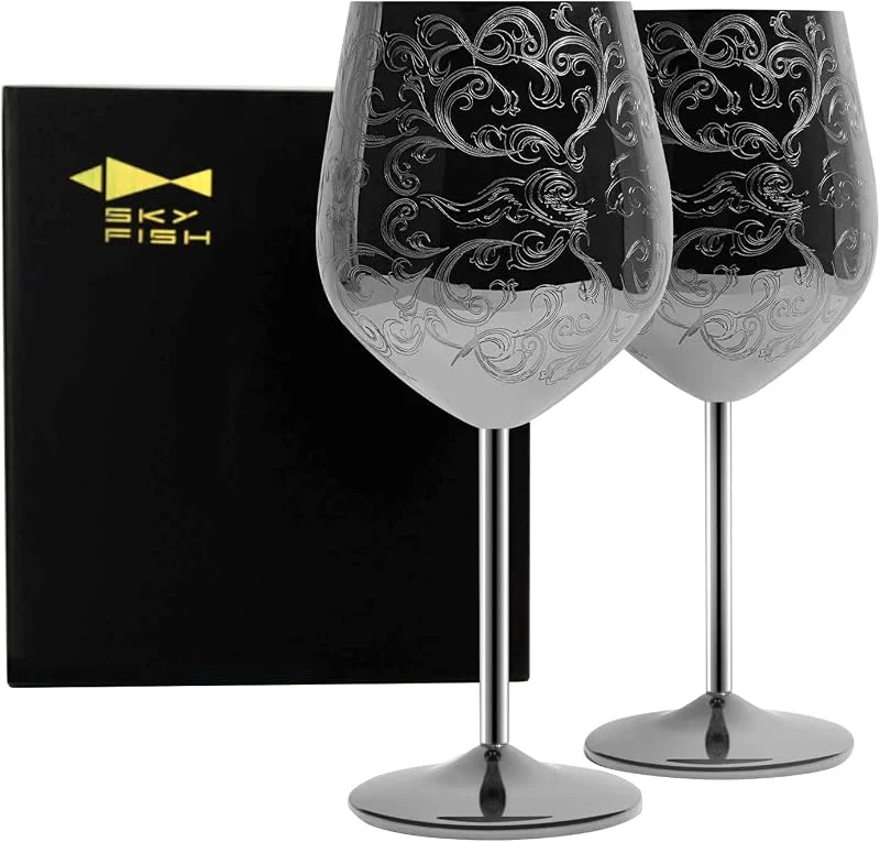 Visita la tienda de SKY FISH SKY FISH - Juego de 2 copas de vino de acero inoxidable grabadas con grabados barrocos intrincados y auténticos, estilo real, 480ml negro. — Vino y mesa festiva