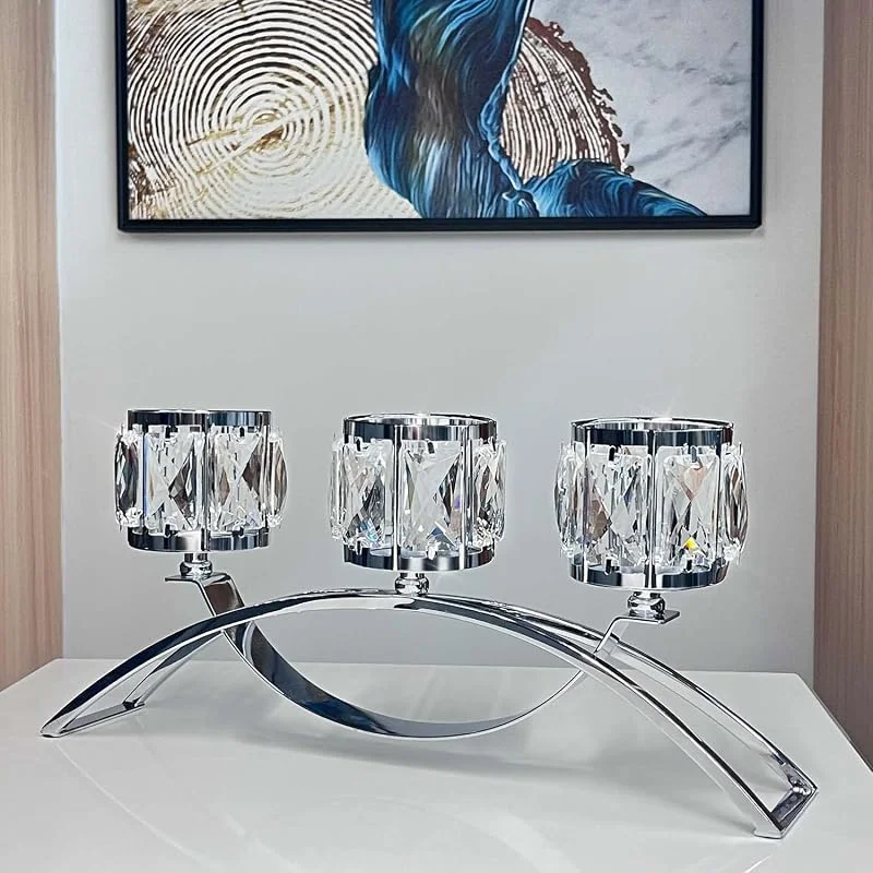 kolnlala Soporte para Velas votivas de candelabro de Cristal de 3 Brazos, centros de Mesa de Boda para mesas, candelabro de Cristal, decoración de Mesa (Plateado) — Cena a la luz de velas