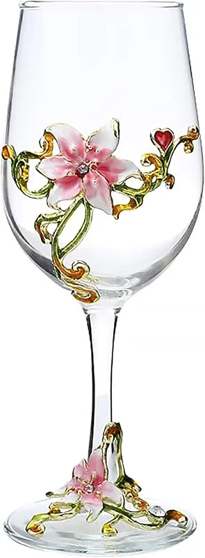 XUDREZ Globo de cristal pintado hecho a mano con flor esmaltada, copa de vino, regalos de cumpleaños para mujeres, mamá, amigos, día de la madre, sin plomo (lirio rosa) — Vino y mesa festiva