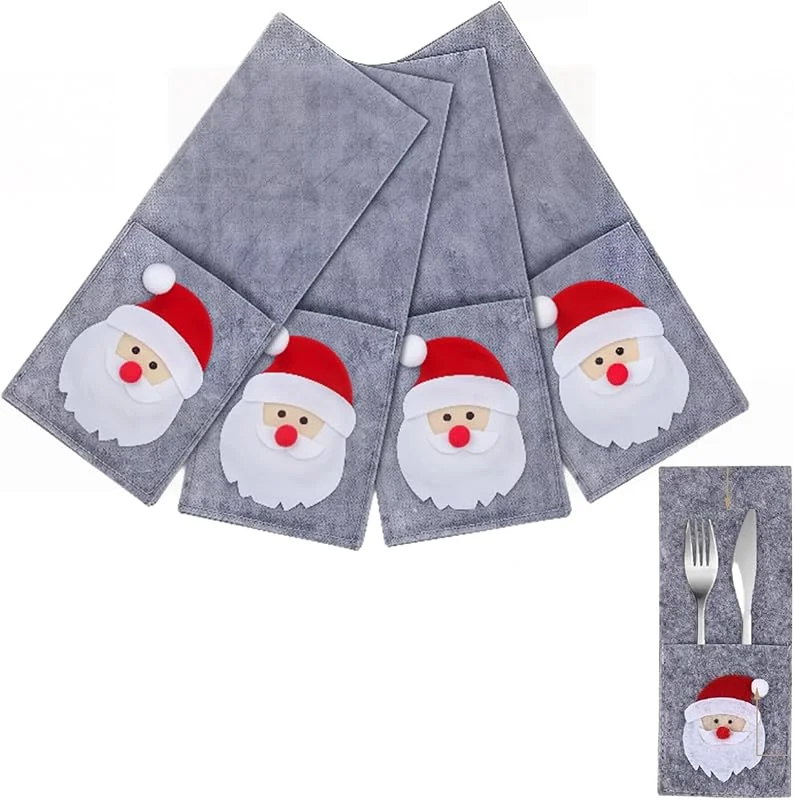 IDRBEH 4Pcs Decoracion de Mesa Navidad, Porta Cubiertos Navideños Fieltro Papa Noel Cestas Bolsa Soporte para Cubiertos, Gris Navideña Cuchillos Tenedores Cucharas Bolsita Vajilla Bolsas Adornos Navidad — Adviento y mesa