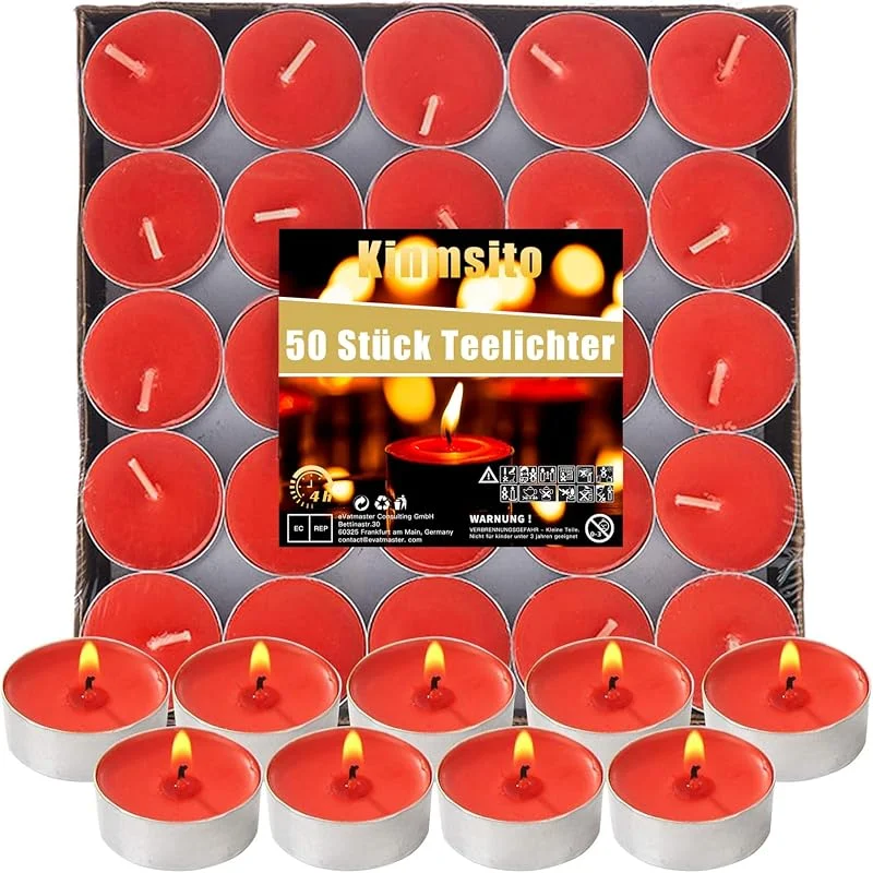 Kinmsito 50 velas de té, velas rojas románticas redondas, tiempo de combustión 4 horas, románticas, velas de té sin humo, velas de amor para cumpleaños, propuesta, fiesta, día de San Valentín, boda — Cena a la luz de velas
