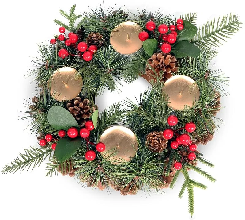 Gartenpirat Corona de Navidad artificial de 30 cm de diámetro, para velas auténticas, corona de Adviento adornada con piñas y bayas rojas — Adviento y mesa