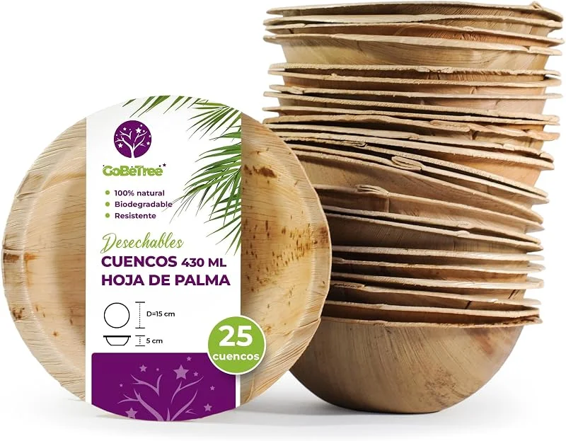 Visita la tienda de GoBeTree GoBeTree 25 Cuencos Desechables de Hoja de Palma, Redondos 430 ml, Ø 15 cm — Adviento y mesa