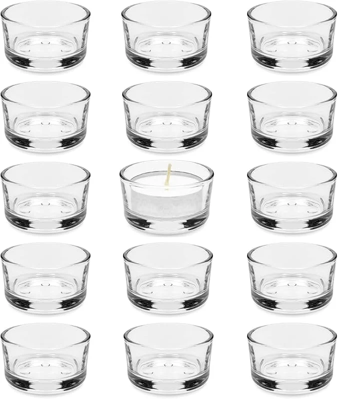 ASOPFYUM suntonmoto Juego de vasos de té, portavelas de té (15 unidades) de cristal portavelas de 4.5 cm de diámetro, pequeño portavelas de cristal transparente para bodas, cumpleaños, velas y vasos de té, S — Cena a la luz de velas