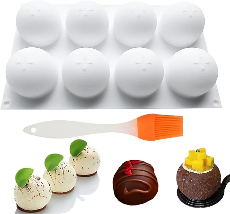 HAUZMLL Molde de silicona con forma de bola de 8 cavidades – Molde de silicona con forma de bola de 6 cm de diámetro para chocolate, gelatina, mousse, pasteles, helados, jabón y bricolaje (incluye un cepillo) — Hogar y cocina