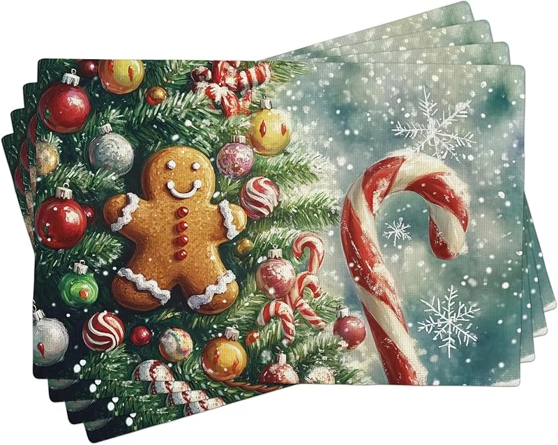 Generic Juego de 4 manteles individuales de Navidad de pan de jengibre, manteles festivos rojos y verdes, lavables para interiores y exteriores, decoración de Navidad para comedor, 45, 7 x 30, 5 cm — Hogar y cocina