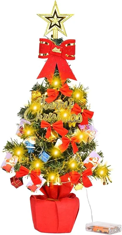 DUOJIN Árbol de Navidad Artificial con Guirnalda Luminosa LED, 55 cm, Mini Árbol de Navidad, con Base y Adornos, Decoración de Navidad para Mesa, Fiesta de Navidad — Adviento y mesa