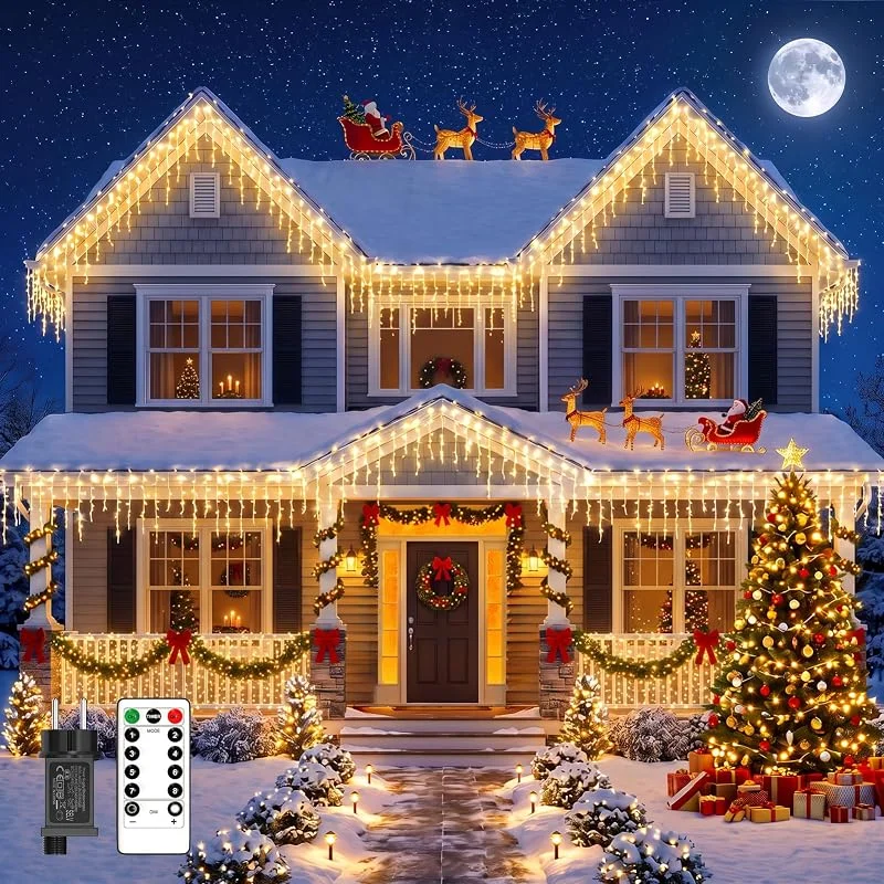 PEMOTech Cortina Luces Navidad Exterior, 15 m 632 LED, Luces de Navidad Exterior en Cascada para Tejado, Balcón y Ventanas, 125 Tiras, Mando a Distancia, 8 Modos, Temporizador 6 h, Blanco Cálido