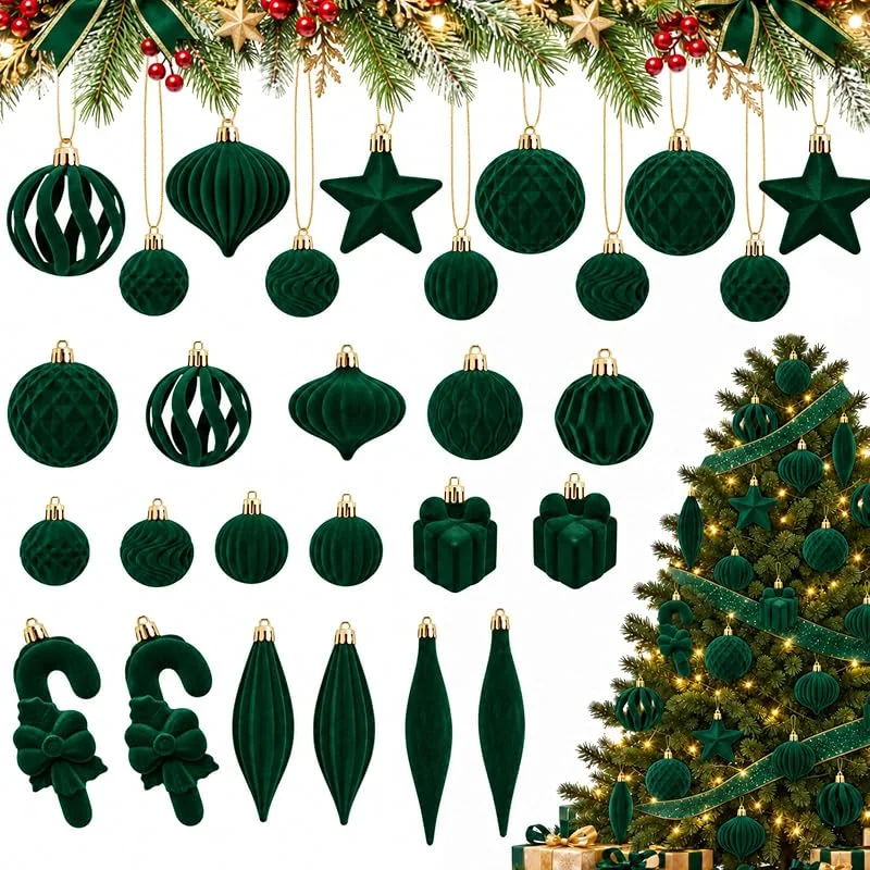 SneiDr 28pcs Bolas de Navidad de Plástico Superficie Afelpada Verde Oscuro — Decoracion Navidad