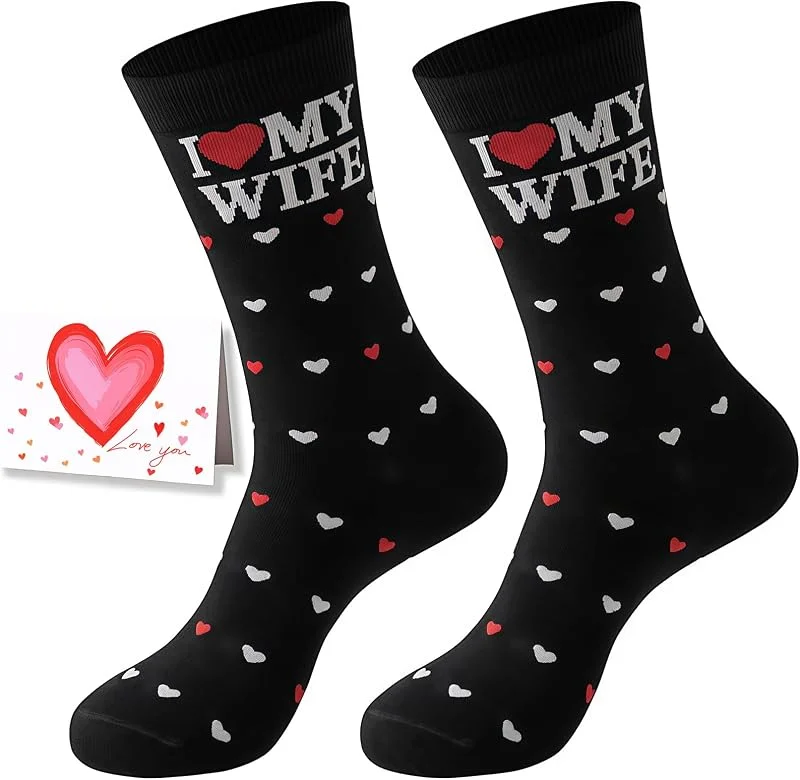 Vesavifaka Regalos para esposo en aniversario, calcetines para hombre talla 39–46, calcetines de algodón suaves I Love My Wife, tarjeta de felicitación para esposo, regalo para cumpleaños, Navidad y — Decoracion Navidad