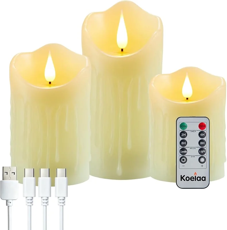 Koelaa Pack de 3 Velas LED Recargables por USB con Mando a Distancia y Temporizador, Efecto de Llama 3D Realista, Velas de Cera Real sin Llama para Decoración de Navidad, Cumpleaños, Salón y Chimenea — Cena a la luz de velas