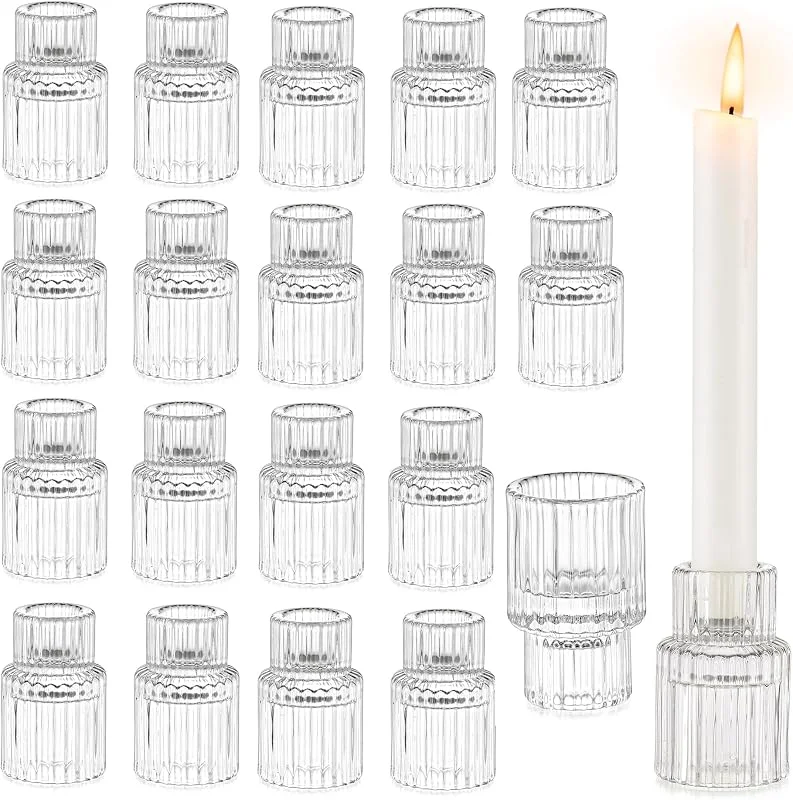 Glasseam Portavelas de cristal transparente, juego de 20 portavelas de cristal acanalado para velas cónicas, elegante portavelas de Navidad para mesa de comedor, decoración de fiesta de boda — Adviento y mesa