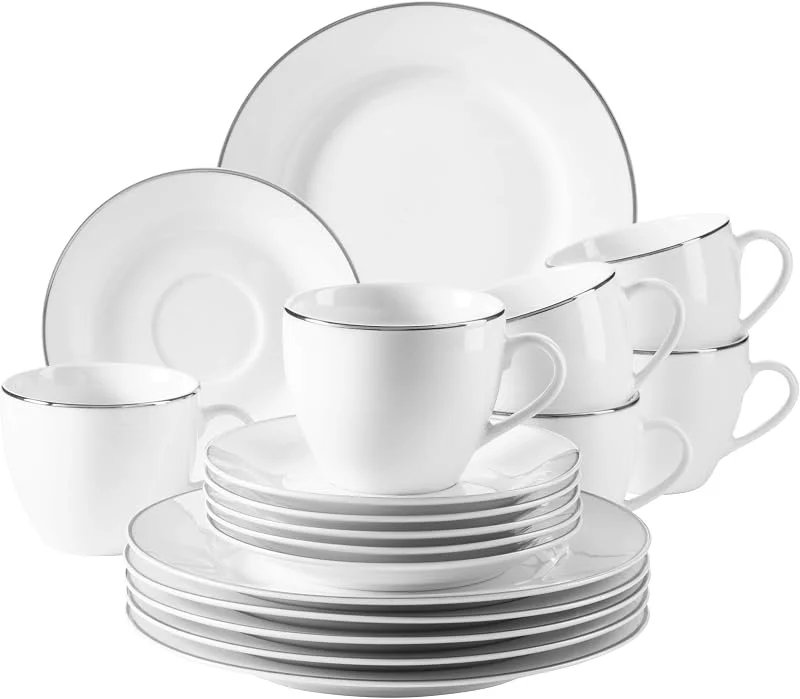 MÄSER 931530 Professional Dining - Juego de café para 6 personas (porcelana, 18 piezas), color blanco con borde plateado — Adviento y mesa