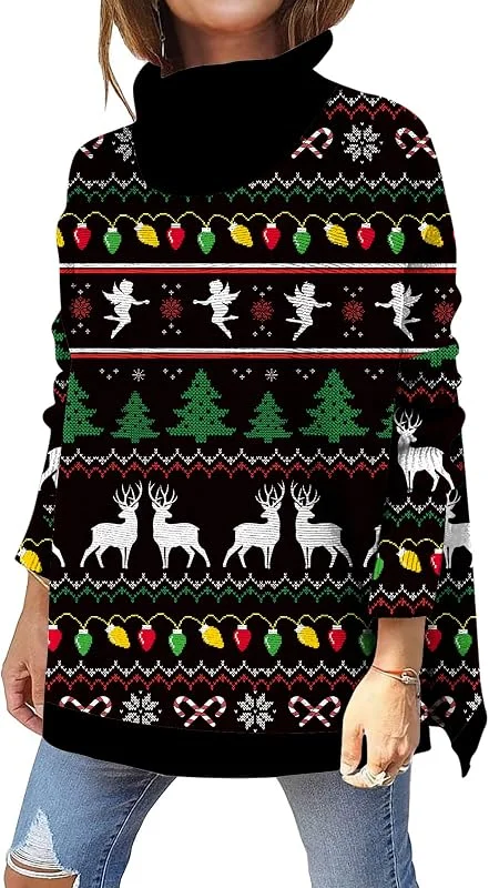 Kids4ever Jersey navideño de Cuello Alto para Mujer Jersey de Punto navideño con Estampado 3D Jersey de Punto Suelto con Abertura Lateral de Manga Larga para Fiesta Diaria S-XL — Ropa Navidad