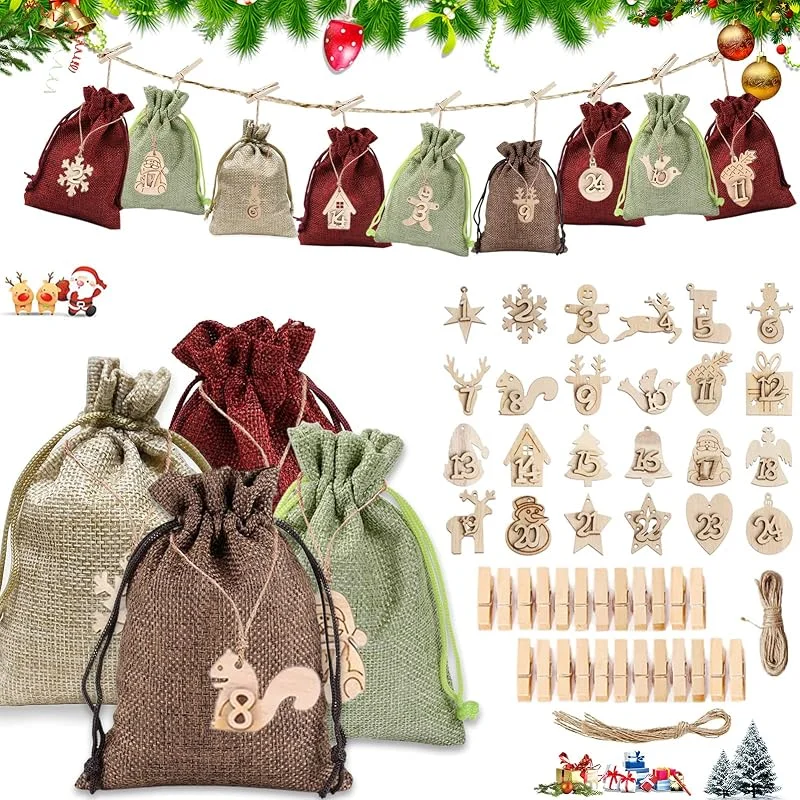 Sunshine smile Calendario de Adviento para Rellenar, Bolsas de Tela Navideñas con Etiqueta de Madera, Clip, Calendario Adviento Vacio, Bolsas de Tela Navideñas, Calendario de Adviento DIY — Adviento y mesa