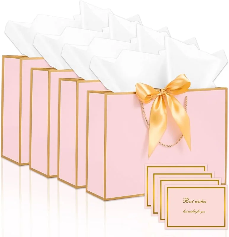Realjoy 4 Bolsas de Regalo con Lazo, Bolsas de Papel de Cumpleaños con 4 Tarjetas y 8 Papeles de Seda, 28 x 20 x 10 cm, Bolsa Regalo para Bodas, Navidad, Fiestas de Cumpleaños (Rosa) — Envoltorio regalo