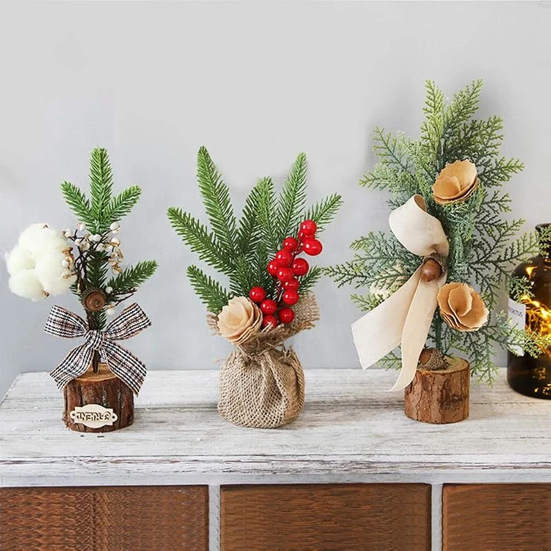 Frgasgds Mini árbol de navidad, 3 PCS Christmas Tabletop Tree Árbol de Navidad artificial con adornos Cono de pino, Bowknot y bayas rojas Decoración navideña para decoraciones de mesa y escritorio de Navidad — Decoracion Navidad
