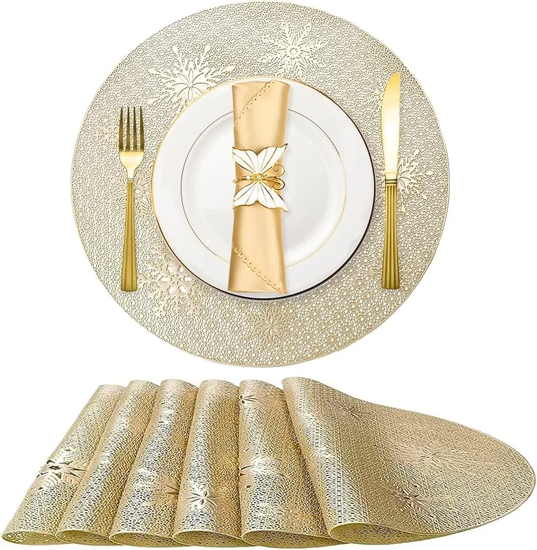 DIELIANHUA 6 Piezas Manteles Individuales Redondos Dorados Navidad, con Patrón de Copos de Nieve, 38CM Lavables PVC Antideslizantes Resistentes al Calor Manteles Individuales Redondos para Decoración de Mesa — Hogar y cocina