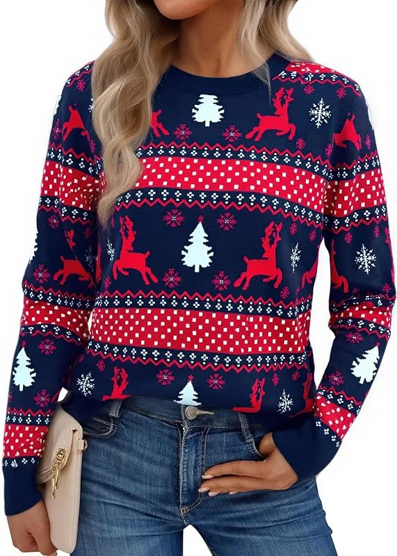 Visita la tienda de Aseniza Aseniza Jersey Navidad Mujer Suéter de Punto Manga Larga Jerseys Navideños Ugly Christmas Sweater Invierno Cuello Redondo Patrón de Fawn — Ropa Navidad