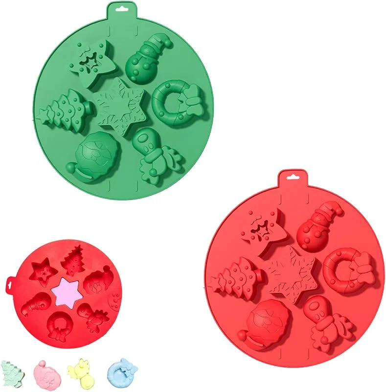 FLAVNTEL Molde de Silicona navideño en Forma de Bola Decorativa, Set de 2 Piezas Rojo y Verde con 6 diseños, Molde para Chocolate, Cera aromática, jabón Artesanal, repostería y Manualidades DIY — Hogar y cocina