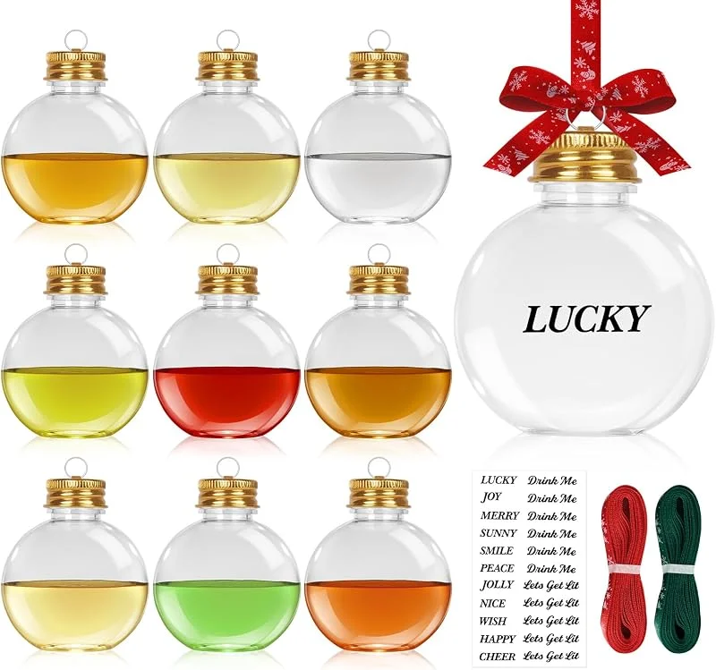 Agoer Bolas de Navidad para Rellenar, 100 ml, 10 Unidades, Transparentes, Bolas de Navidad Personalizadas, Manualidades con Pegatinas y Cinta — Envoltorio regalo