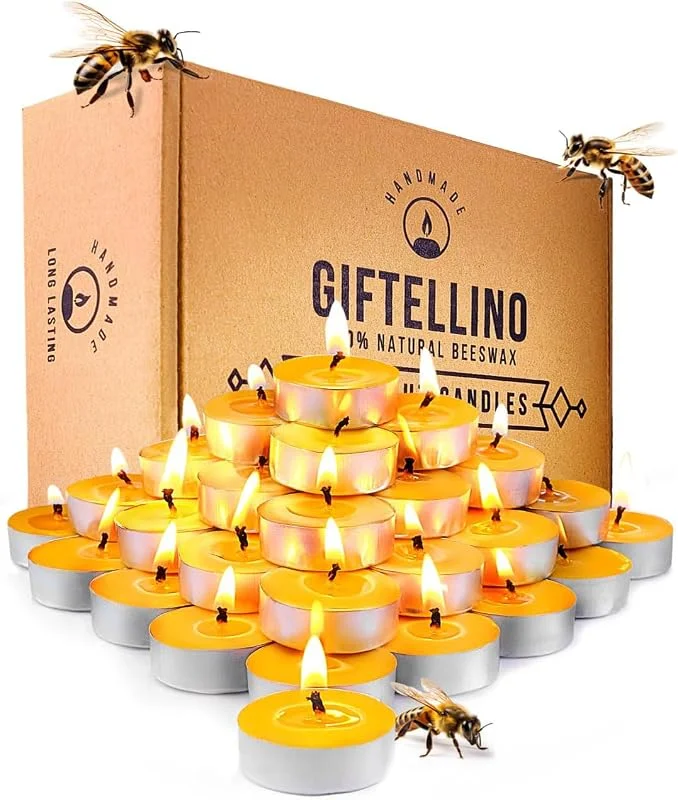 Visita la tienda de Giftellino Set de 100% Pura de Cera de Abeja - 48 Velas de Té Sin Humo con una Duración de 3 horas - Mecha de Algodón - Sin Aroma - Regalo para Amantes de las Velas — Cena a la luz de velas
