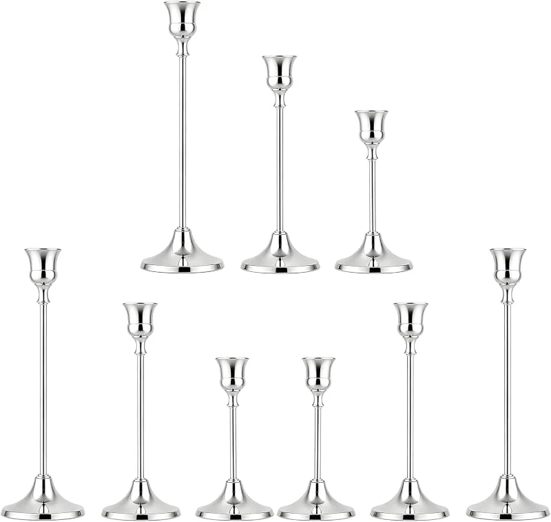 Keltorio Juego de 9 candelabros plateados de metal, portavelas vintage para velas puntiagudas 15, 19, 23 cm, candelabros para bodas, fiestas, cumpleaños, decoraciones de mesa — Cena a la luz de velas