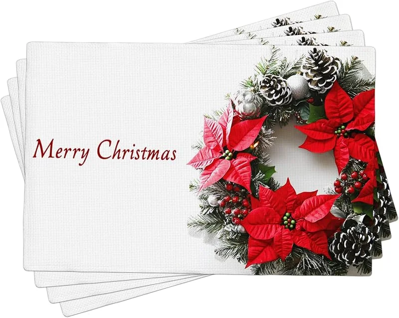 Generic Juego de 4 manteles individuales de corona de Navidad, manteles individuales decorativos de Navidad para cenas festivas, lavables para interiores y exteriores, 45, 7 x 30, 5 cm — Hogar y cocina