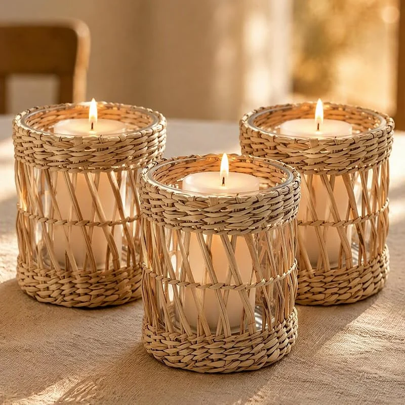 YOOMUR Juego de 3 portavelas de mimbre tejido de ratán natural, tejido de ratán natural, tejido a mano, portavelas votivas para mesa de comedor, cocina, decoración — Cena a la luz de velas