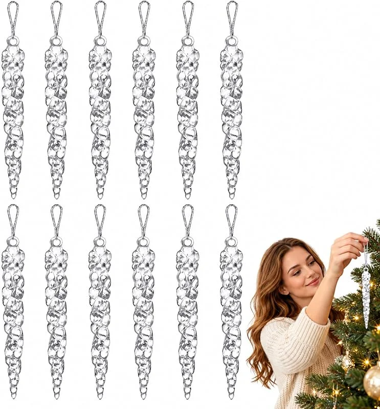 LEFZUR 12 Carámbanos de Cristal para Árbol de Navidad, Colgantes Decorativos de Vidrio 14cm, Adornos Festivos Transparentes Brillantes, Decoración de Árbol Elegante, Navidad Invernal — Decoracion Navidad