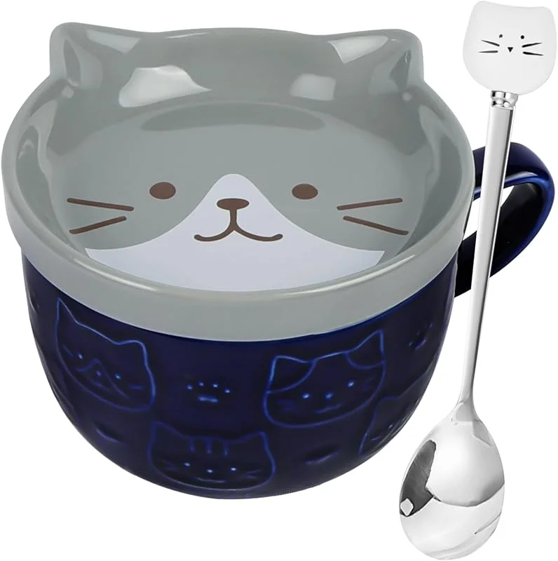 HOTUT Tazas de Café Gato con Tapas y Cuchara, 300ml Tazas de Café con Tapa para Gatos, Taza de Té de Cerámica de Animales Novedosos, Kawaii, Regalos de Cumpleaños de Navidad para Amigos — Adviento y mesa