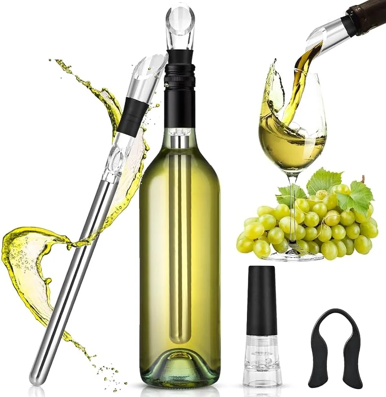 Cieex Juego de Enfriador de Botellas de Vino 3 en 1 Varilla Enfriadora Vino de Acero con Cortadora de Láminas et Tapón de Vino Regalos Amigo Invisible Regalo para los Amantes del Vino — Vino y mesa festiva