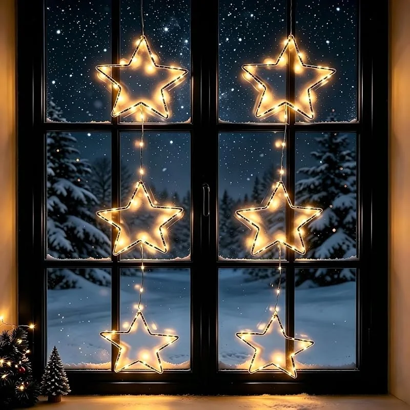 Visita la tienda de AGOTD AGOTD Guirnalda de luces LED para ventana, luz blanca cálida, 2 x 63 estrellas LED, con temporizador y mando a distancia, 8 modos, resistente al agua, iluminación navideña interior, decoración de — Decoracion Navidad