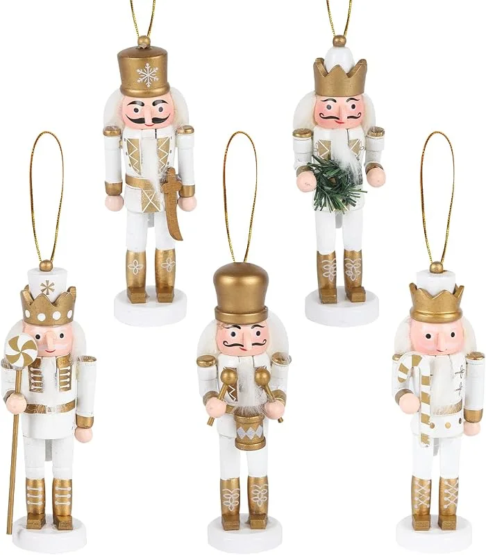 TSLBW 5 Piezas de Adornos de Cascanueces Decoraciones Navideñas Figuras de Cascanueces de Madera Decoraciones Colgantes para Decoración de árbol de Navidad Figura de Soldado Gold — Decoracion Navidad