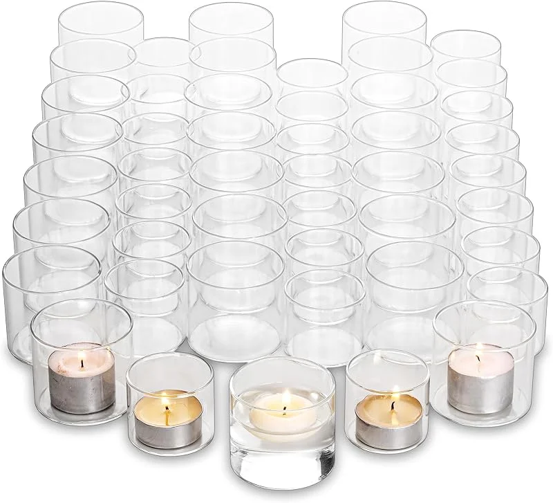 Hewory Portavelas para velas de té, 48 portavelas votivos de vidrio transparente, velas flotantes y portavelas para decoración de mesa de boda, centro de mesa, sala de estar, decoración del hogar — Cena a la luz de velas