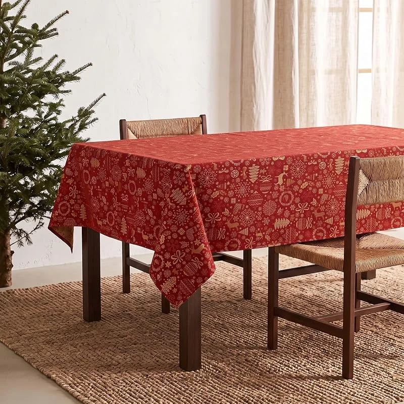 Visita la tienda de GAMUSI GAMUSI Mantel Navidad Jacquard Hilo Dorado Mesa Comedor Rectangular decoración navideña 140x200 cm, Color Rojo — Hogar y cocina