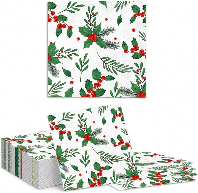 Ticeyubime 40 servilletas navideñas de papel con acebo y abeto — Adviento y mesa