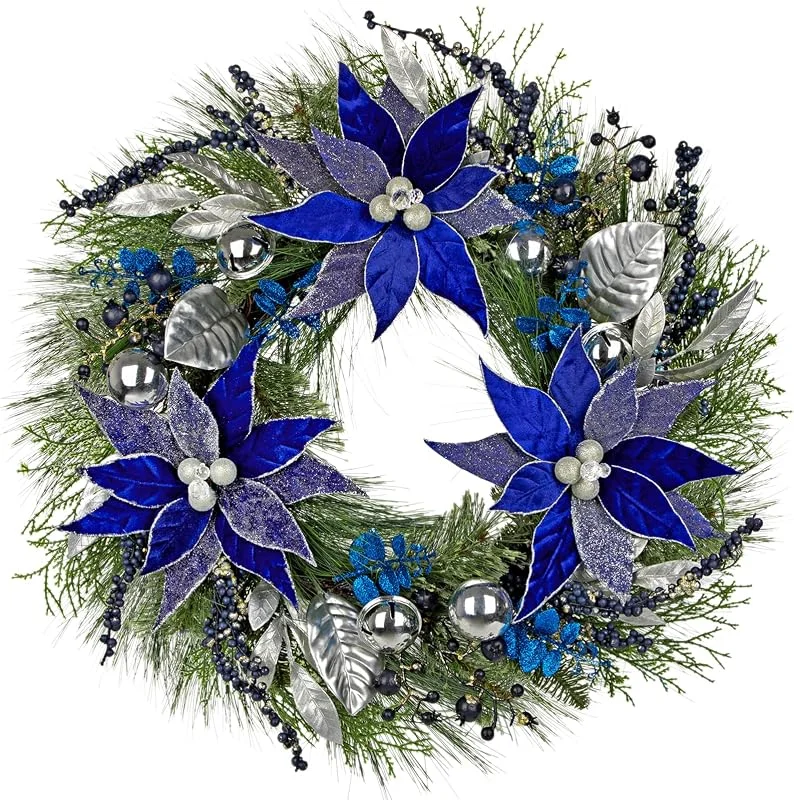 Arborus Arbrous - Corona de Navidad para puerta delantera, corona de Navidad de 24 pulgadas, corona de Navidad azul con flores de pascua, bayas, hojas de magnolia, coronas artificiales de invierno para — Decoracion Navidad