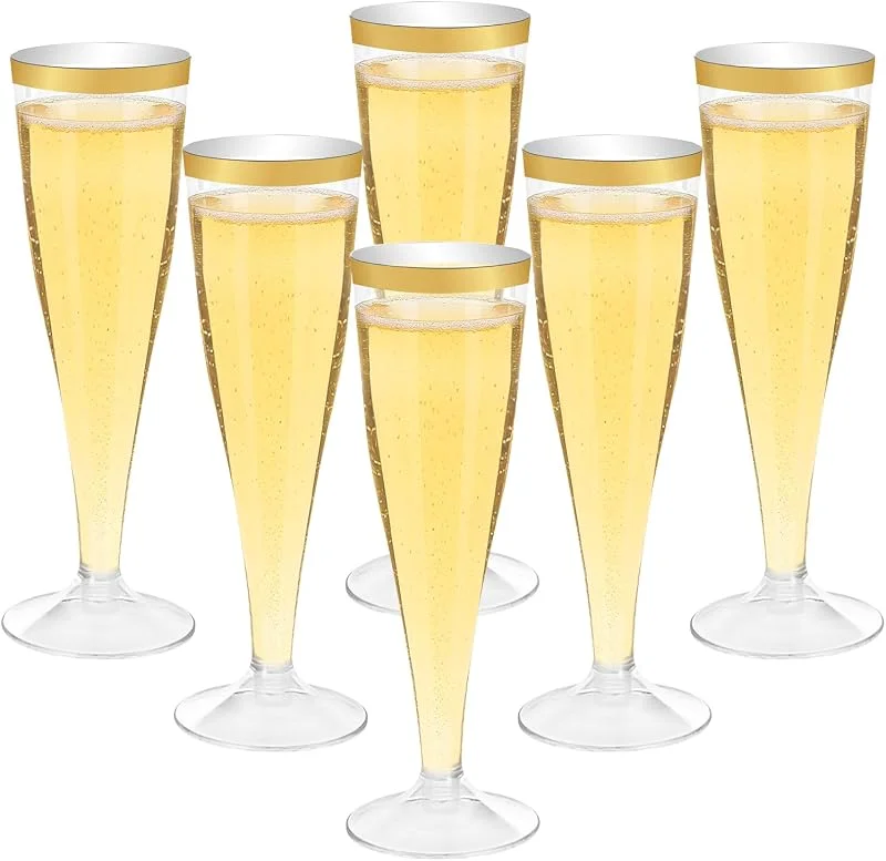 Mispudin 30 Copas Champagne Plastico con Borde Dorado, 130ml Copas de Cava Plastico Duro Reutilizables, Flauta de Champagne Elegantes para Bodas, Fiestas en el Jardín, Cumpleaños, Picnics — Vino y mesa festiva