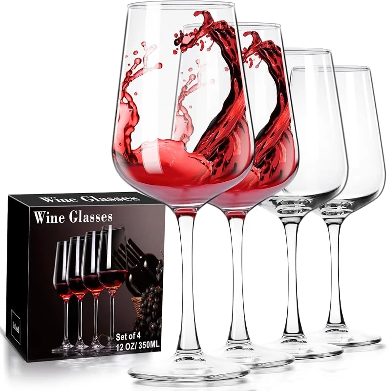 ParaCity Juego de copas de vino, tallo largo transparente grande para vino tinto y blanco, 12 onzas para mujeres, hombres, bodas y cumpleaños (4) — Vino y mesa festiva