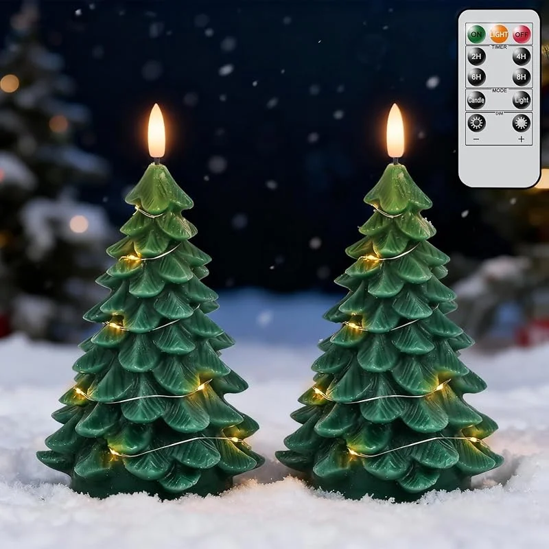 Eldnacele Velas de Navidad sin llama con temporizador remoto, velas LED parpadeantes de cera real con cadena de luz, velas falsas que funcionan con pilas, forma de árbol de Navidad para decoración del — Cena a la luz de velas