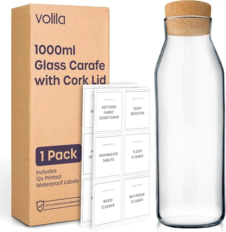 Visita la tienda de volila Jarra de Cristal – Jarra Agua de 1 Litro con Tapa – Botellas de Cristal Transparente Versátil con Tapa de Corcho, Utilizada como Jarra Agua Cristal de Noche, Bebidas ( ) — Vino y mesa festiva