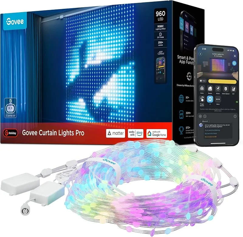 Visita la tienda de Govee Govee Curtain Lights Pro, 960 LEDs Cortina LED Inteligente, Luces LED Inteligentes Mejoradas con AIGC, Luces LED Dinámicas DIY para Navidad Fiestas Decoraciones, IP67 Impermeable, 1, 65 x 1, 76m — Luces Navidad