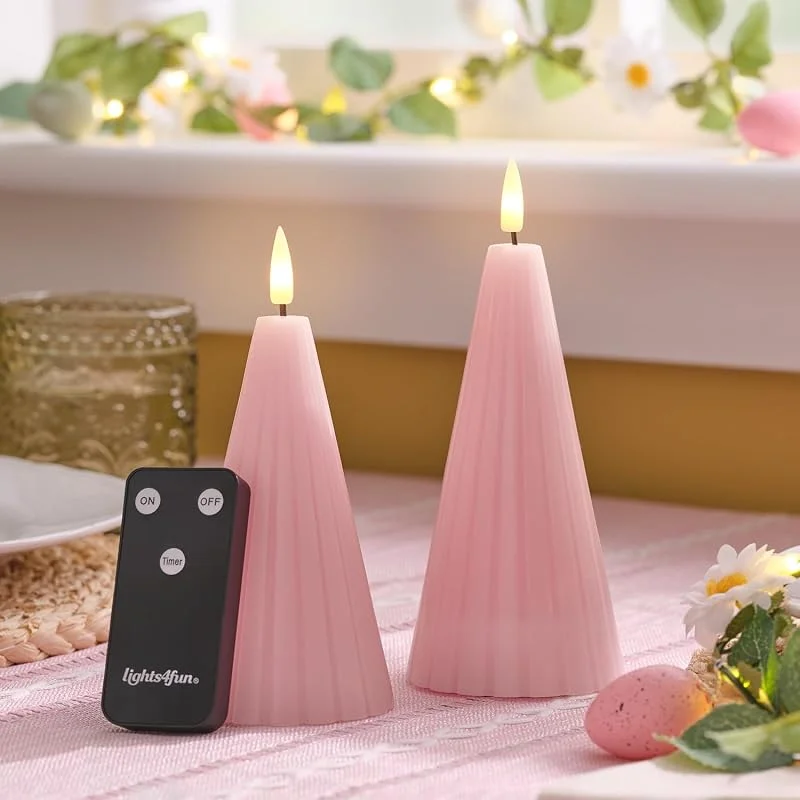 Visita la tienda de Lights4fun Lights4fun TruGlow Dúo de velas LED de cono estriado rosa rubor con control remoto — Luces Navidad