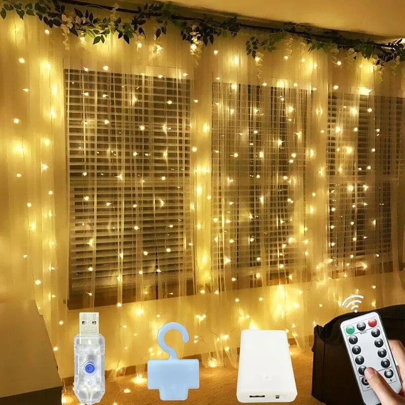 Microwear Cortina de Luces, 3x3m 300 LEDs Cortina Luces Luz de Cortina con Mando 8 Modos, Alimentación por USB o pilas, Impermeable Guirnaldas Luminosas Navidad para Casa Ventana Boda Fiesta Decoración Navideña — Luces Navidad