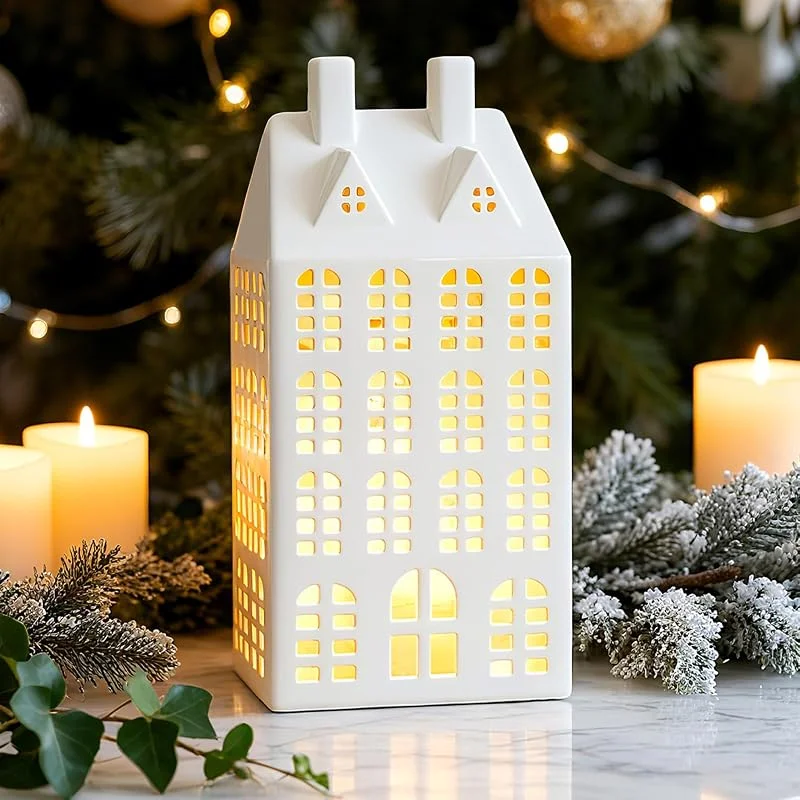 DN DECONATION Casas de Navidad LED decorativas de Navidad – Decoración de Navidad para casa de cerámica blanca, casas de luz de Navidad Village, decoración de casas, color blanco para decoración — Decoracion Navidad