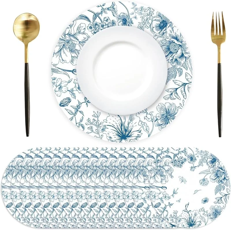 Tarklanda 50 paquetes de manteles de papel desechables azules y blancos de 13 pulgadas, manteles redondos decorativos de estilo vintage con flores azules para la mesa de comedor, ideales para cumpleaños, bodas — Hogar y cocina