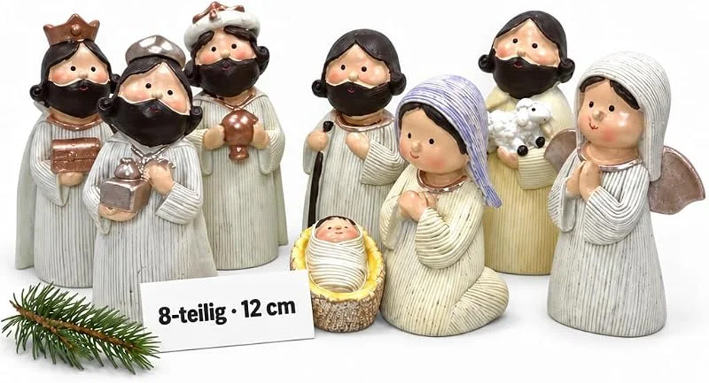 MIJOMA Hermosas figuras de belén para escena de belén, figuras de piedra artificial pintadas a mano, decoración navideña perfecta en varios juegos y estilos para elegir (8 piezas, 12 cm de altura) — Decoracion Navidad