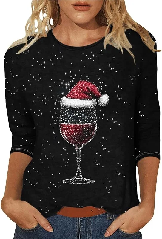 tacniseyw Sudadera de Navidad para mujer, suéter de árbol de Navidad, manga 3, 4, camisetas estampadas con árbol de Navidad, camisetas lindas y divertidas con estampado gráfico de talla grande, tops de — Ropa Navidad