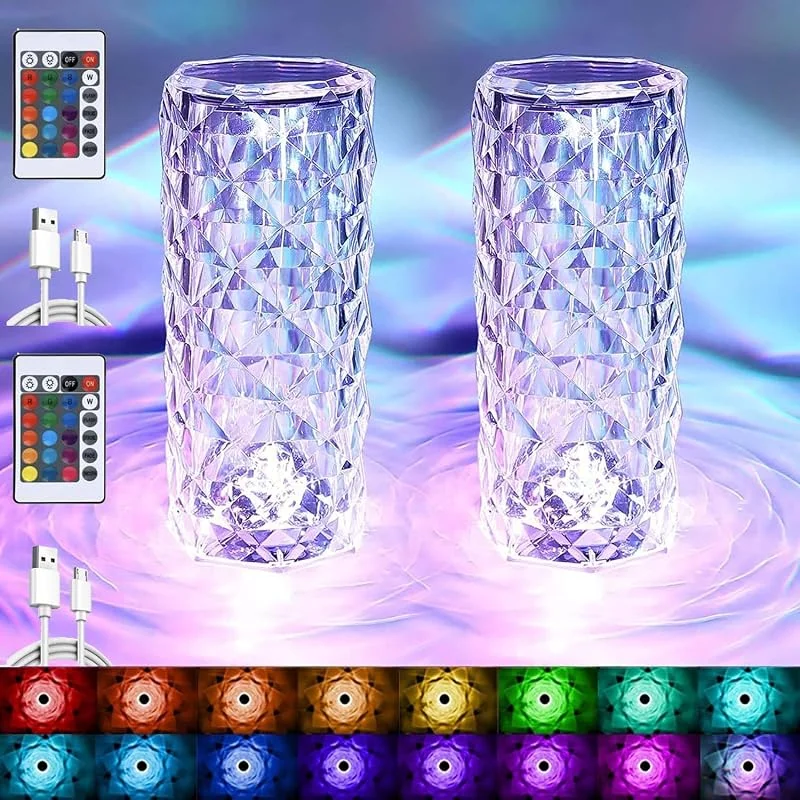 YeahBoom 2 pcs Lámpara de Mesa de Cristal, Lámpara de mesa LED de diamantes con 16 colores RGB, Touching Crystal Lamp, 4 Modos Luz Recargable con Control Remoto, Romántica luz Nocturna LED, Luz Ambiental Recargable — Cena a la luz de velas